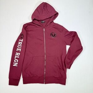 True Religion Full Zip Hoodie Maroon Burgundy Logo Graphic Print Men S